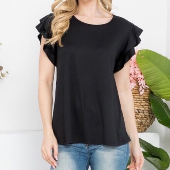 You & Me Top Layered Ruffle Short Sleeve Stretchable Round Neckline Black W XL - Picture 3 of 4